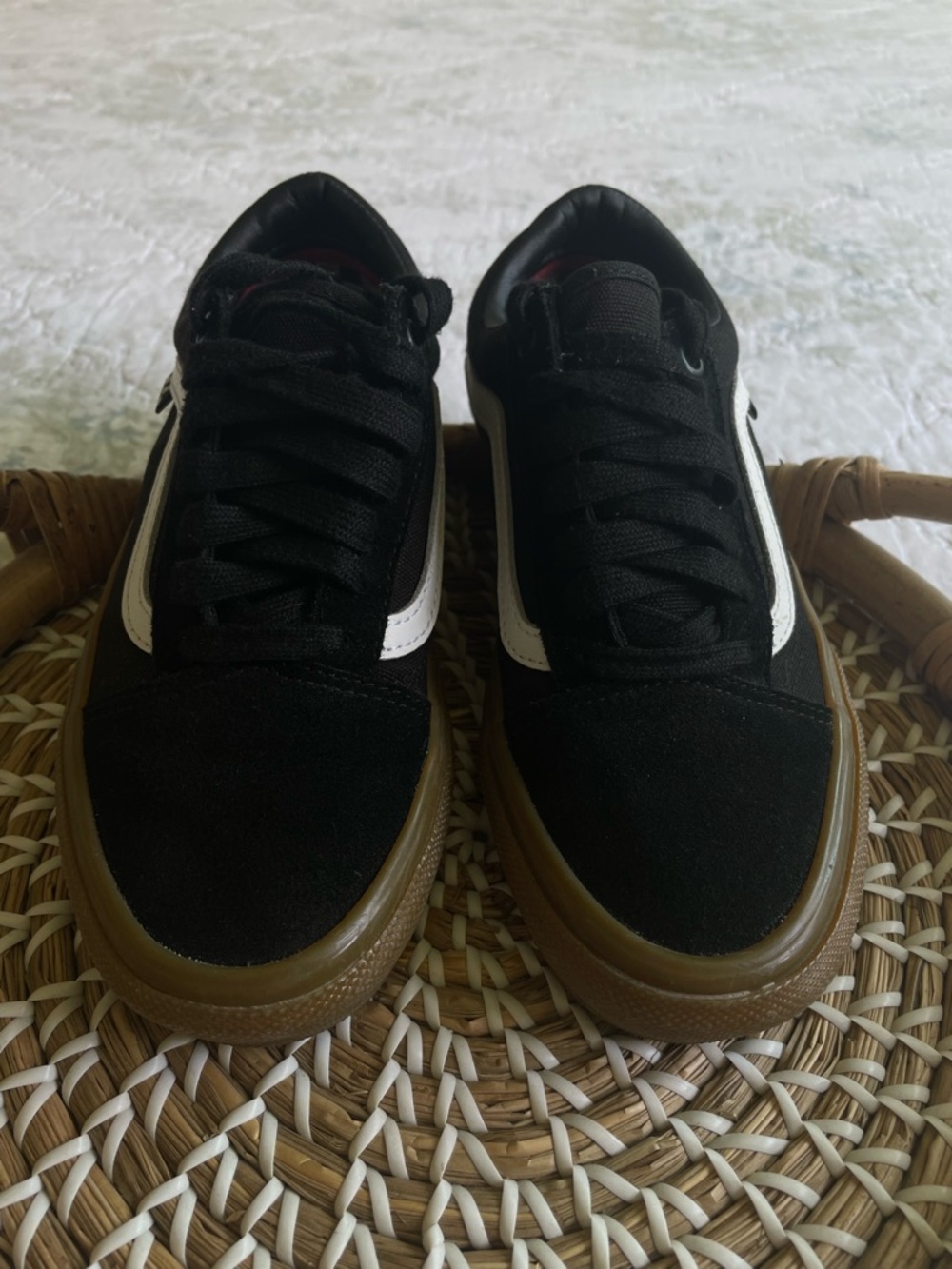 Vans Kids Black Sneakers with White Stripe and Gum Sole